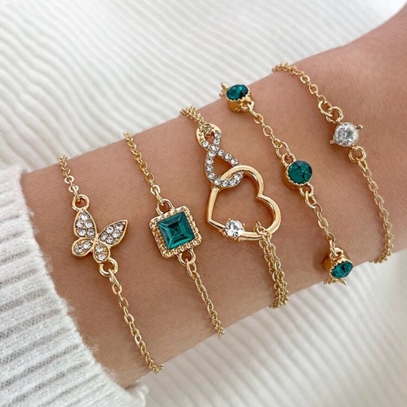 Jewelry - Set of 5 Elegant Gold and Emerald Bracelets - Butterfly and Heart (NEW)
